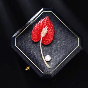 Red Anthurium Pearl Brooch Pin